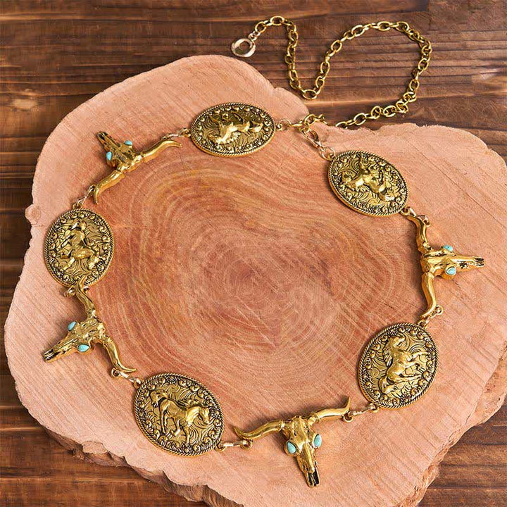 Women's Bull Head Faux Turquoise Western Concho Belt Waist Chain