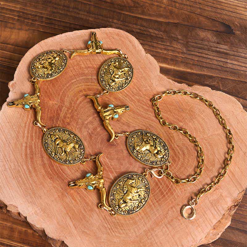 Women's Bull Head Faux Turquoise Western Concho Belt Waist Chain