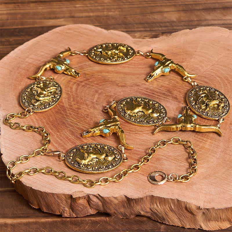 Women's Bull Head Faux Turquoise Western Concho Belt Waist Chain