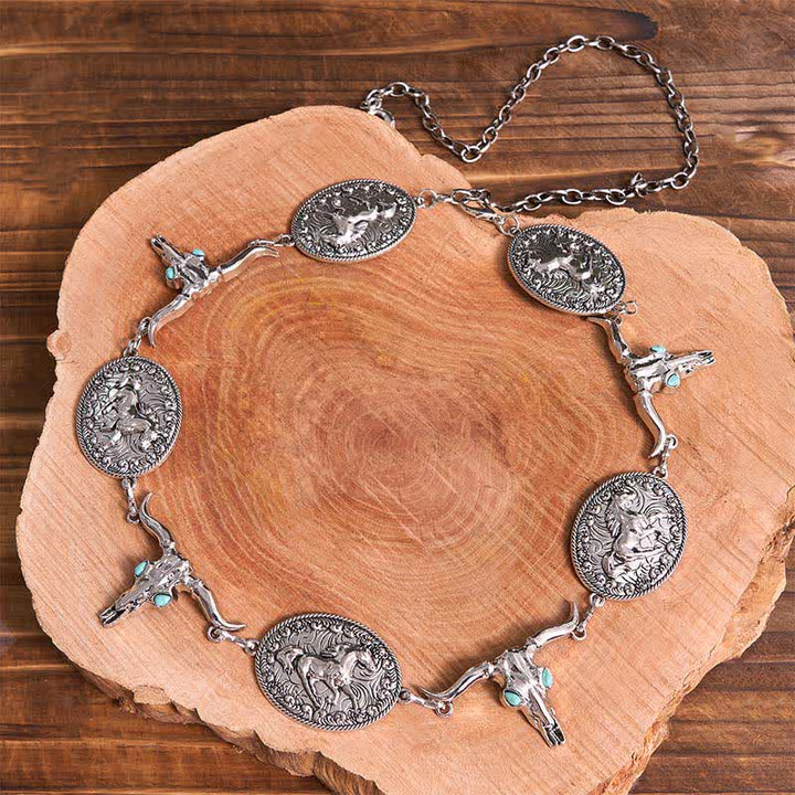 Women's Bull Head Faux Turquoise Western Concho Belt Waist Chain - Silver - image 7