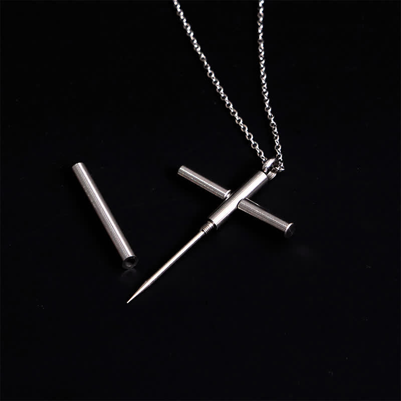 Edc Toothpick Portable Gadget Cross Pendant Necklace - Silver - image 1