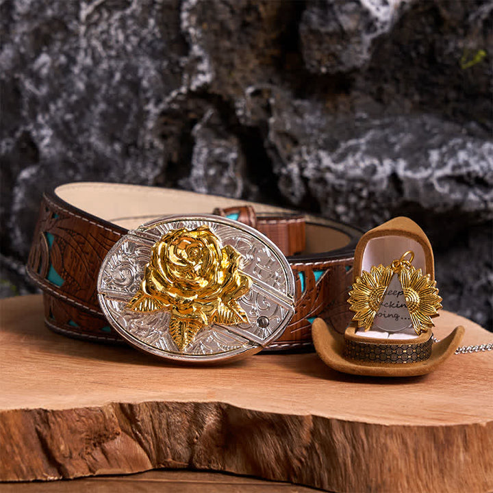 Gold & Silver DIY Rose Hidden Knife Belt Buckle Sunflower Necklace Bundle Set - Gold & Gold - Turquoise Carved Belt - 42 - image 8