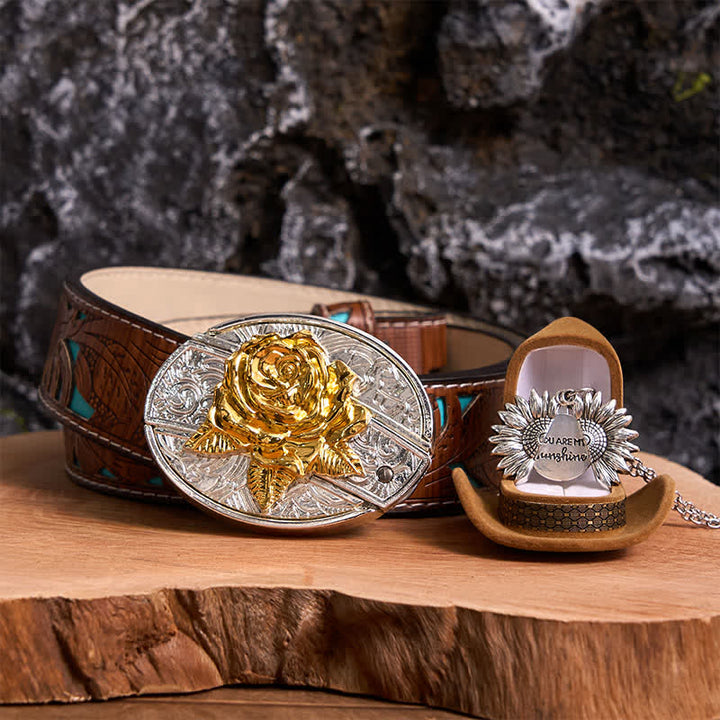 Gold & Silver DIY Rose Hidden Knife Belt Buckle Sunflower Necklace Bundle Set - Gold & Silver - Turquoise Carved Belt - 42 - image 18