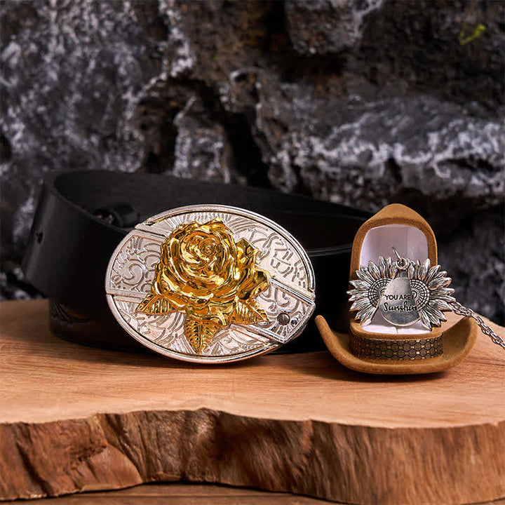 Gold & Silver DIY Rose Hidden Knife Belt Buckle Sunflower Necklace Bundle Set - Gold & Silver - Black Embossed Eagle Belt - 42 - image 17