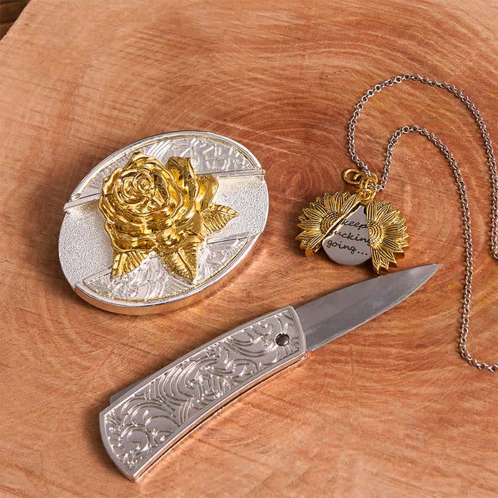 Gold & Silver DIY Rose Hidden Knife Belt Buckle Sunflower Necklace Bundle Set - image 2