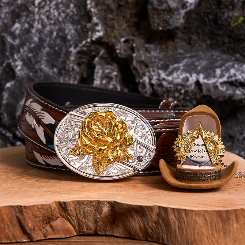 Gold & Silver DIY Rose Hidden Knife Belt Buckle Sunflower Necklace Bundle Set - Gold & Gold - Brown Feather Belt - 40 - image 0