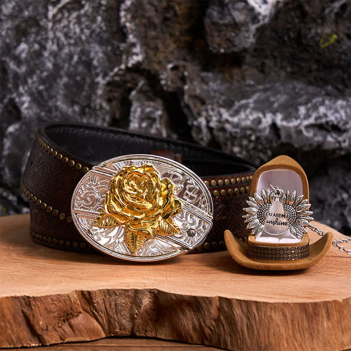 Gold & Silver DIY Rose Hidden Knife Belt Buckle Sunflower Necklace Bundle Set - Gold & Silver - Brown Rivet Belt - 42 - image 19