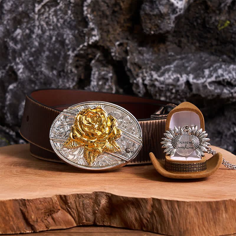 Gold & Silver DIY Rose Hidden Knife Belt Buckle Sunflower Necklace Bundle Set - Gold & Silver - Brown Distressed Belt - 42 - image 20