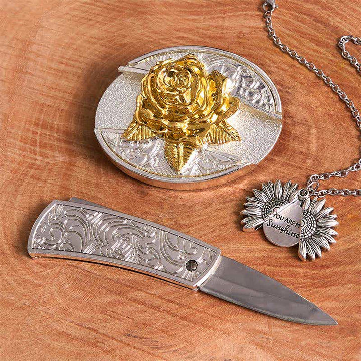 Gold & Silver DIY Rose Hidden Knife Belt Buckle Sunflower Necklace Bundle Set - image 13