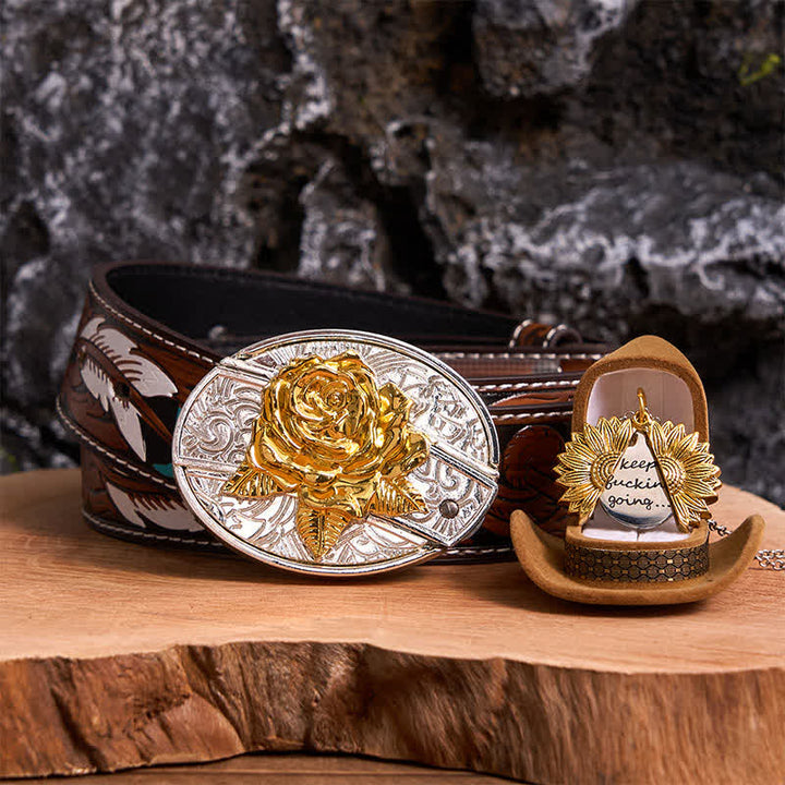 Gold & Silver DIY Rose Hidden Knife Belt Buckle Sunflower Necklace Bundle Set - Gold & Gold - Brown Feather Belt - 40 - image 0