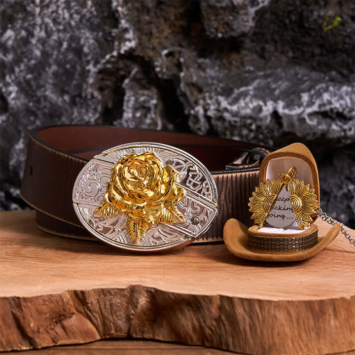 Gold & Silver DIY Rose Hidden Knife Belt Buckle Sunflower Necklace Bundle Set - Gold & Gold - Brown Distressed Belt - 42 - image 10