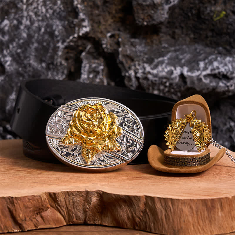 Gold & Silver DIY Rose Hidden Knife Belt Buckle Sunflower Necklace Bundle Set - Gold & Gold - Black Embossed Eagle Belt - 42 - image 7