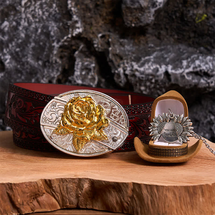 Gold & Silver DIY Rose Hidden Knife Belt Buckle Sunflower Necklace Bundle Set - Gold & Silver - Brown Carved Belt - 42 - image 21