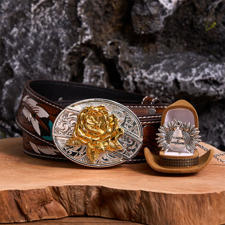 Gold & Silver DIY Rose Hidden Knife Belt Buckle Sunflower Necklace Bundle Set - Gold & Silver - Brown Feather Belt - 40 - image 22