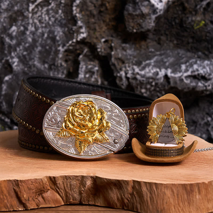 Gold & Silver DIY Rose Hidden Knife Belt Buckle Sunflower Necklace Bundle Set - Gold & Gold - Brown Rivet Belt - 42 - image 9