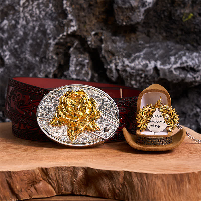 Gold & Silver DIY Rose Hidden Knife Belt Buckle Sunflower Necklace Bundle Set - Gold & Gold - Brown Carved Belt - 42 - image 11