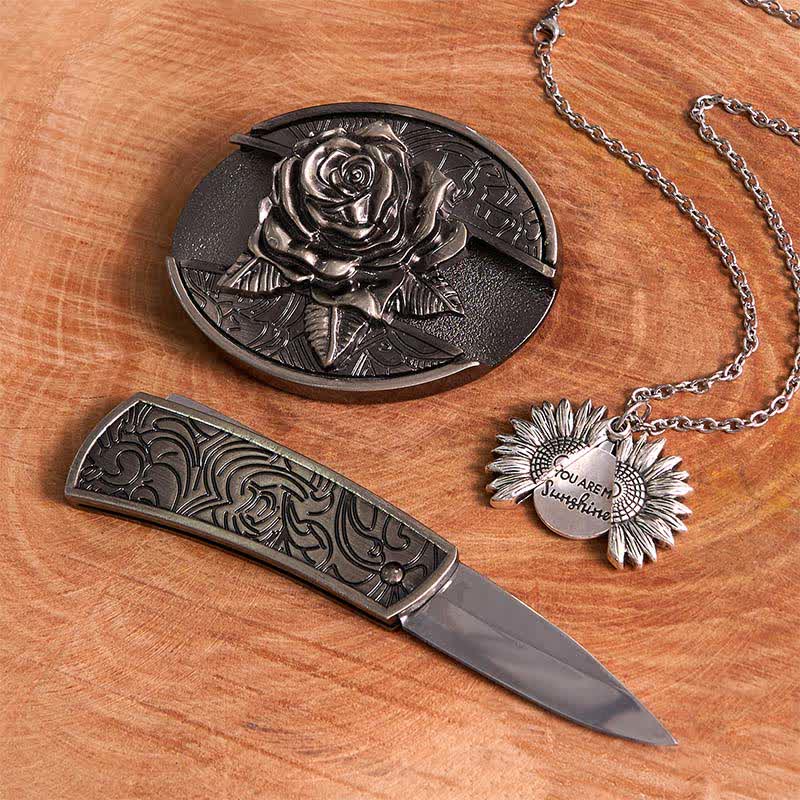 Silver DIY Rose Hidden Knife Belt Buckle Sunflower Necklace Bundle Set - image 2