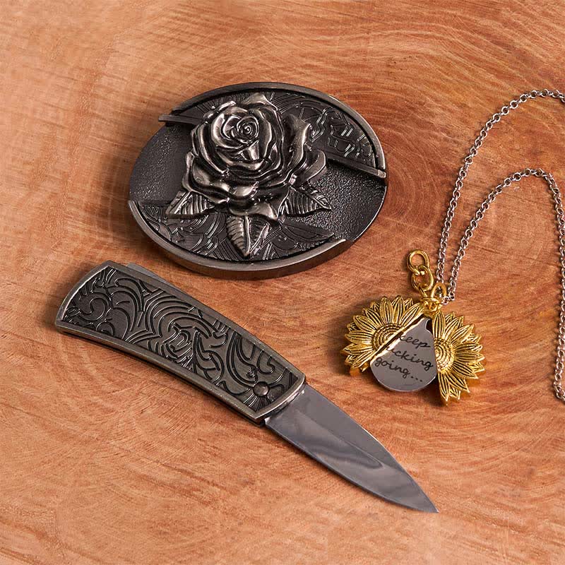Silver DIY Rose Hidden Knife Belt Buckle Sunflower Necklace Bundle Set - image 13