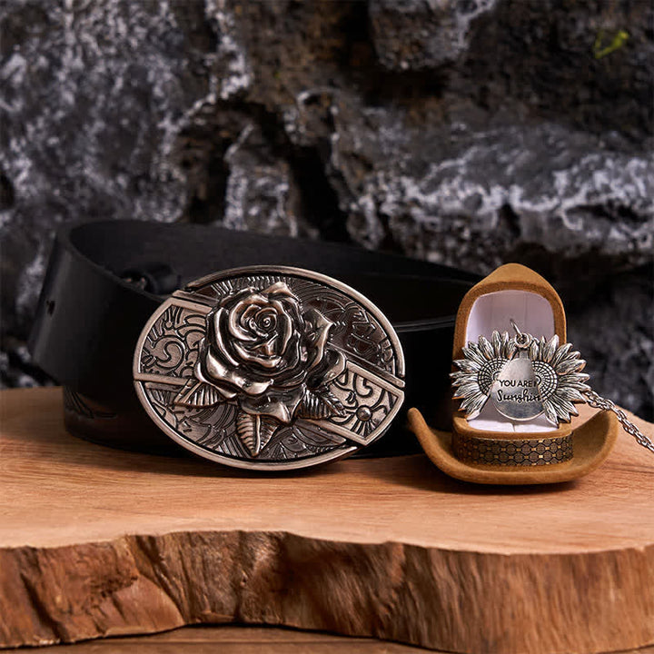Silver DIY Rose Hidden Knife Belt Buckle Sunflower Necklace Bundle Set - Silver & Silver - Black Embossed Eagle Belt - 42 - image 7