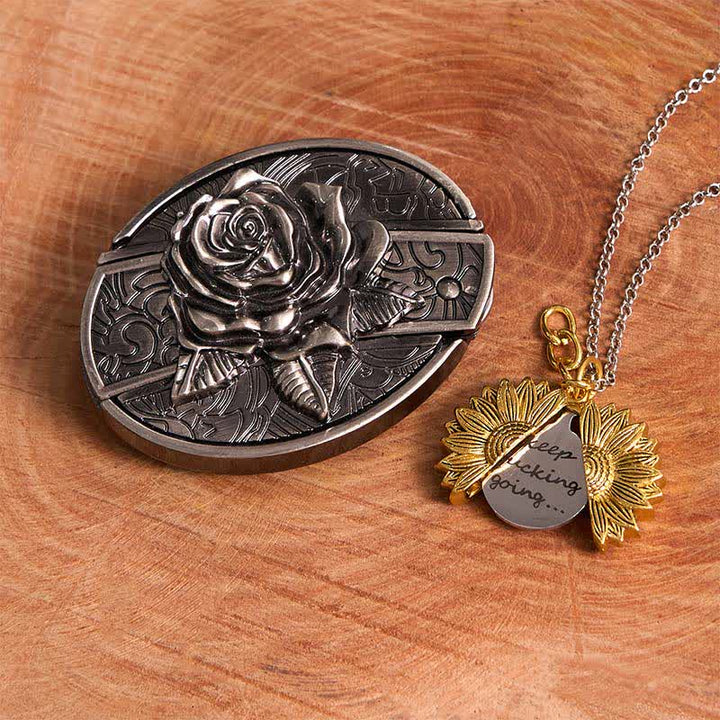 Silver DIY Rose Hidden Knife Belt Buckle Sunflower Necklace Bundle Set