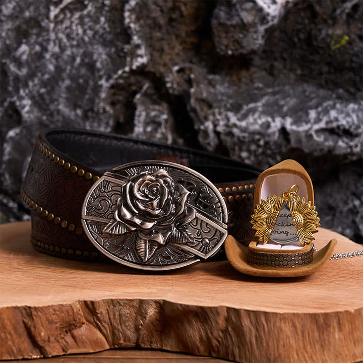 Silver DIY Rose Hidden Knife Belt Buckle Sunflower Necklace Bundle Set - Silver & Gold - Brown Rivet Belt - 42 - image 20
