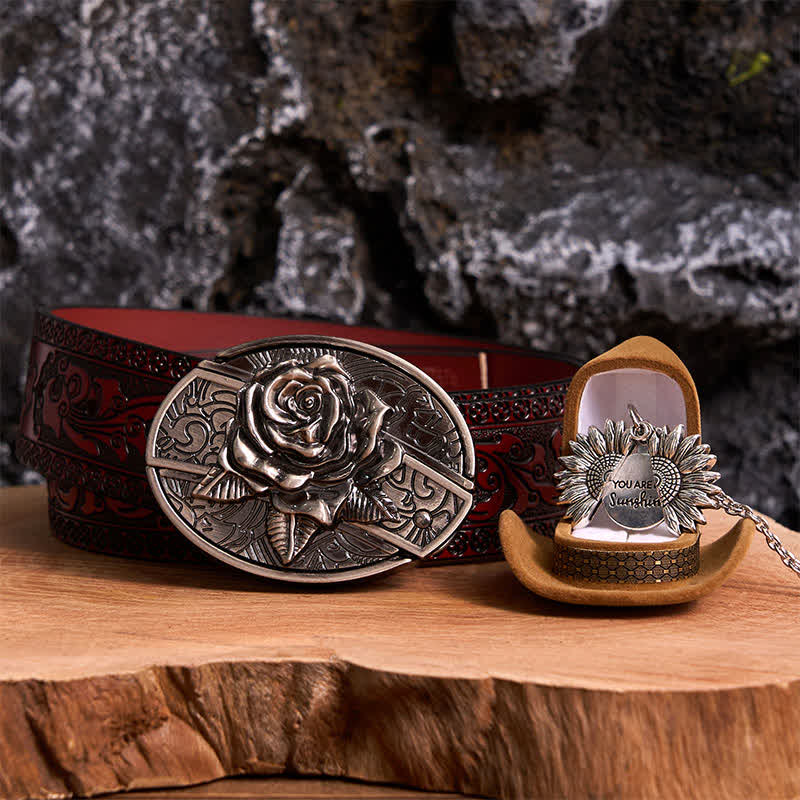 Silver DIY Rose Hidden Knife Belt Buckle Sunflower Necklace Bundle Set - Silver & Silver - Brown Carved Belt - 42 - image 11