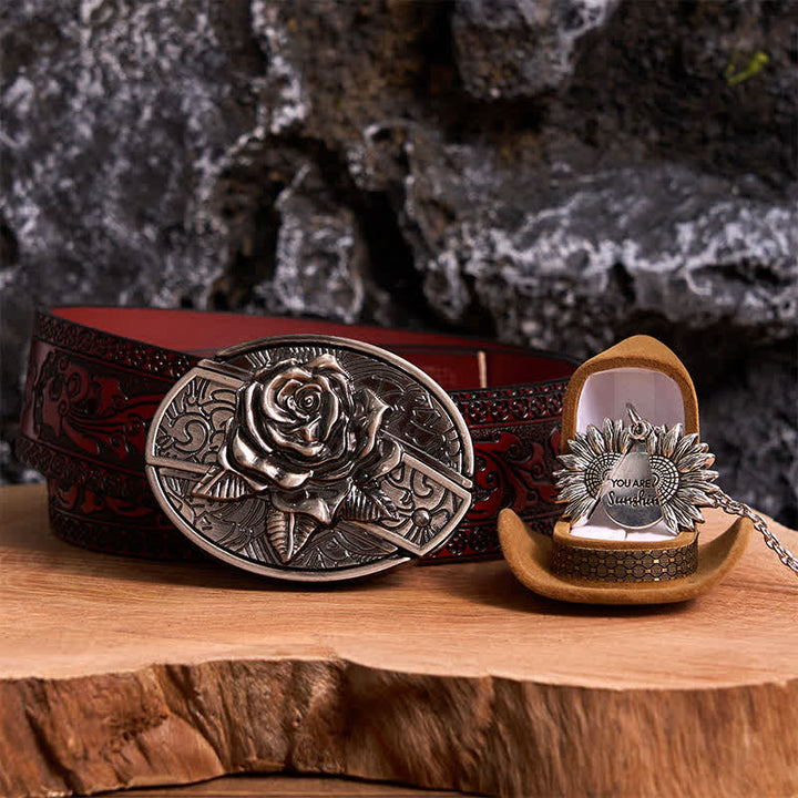 Silver DIY Rose Hidden Knife Belt Buckle Sunflower Necklace Bundle Set - Silver & Silver - Brown Carved Belt - 42 - image 11