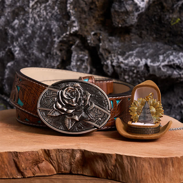 Silver DIY Rose Hidden Knife Belt Buckle Sunflower Necklace Bundle Set - Silver & Gold - Turquoise Carved Belt - 42 - image 19