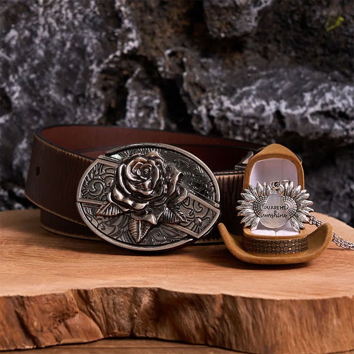 Silver DIY Rose Hidden Knife Belt Buckle Sunflower Necklace Bundle Set - Silver & Silver - Brown Distressed Belt - 42 - image 10
