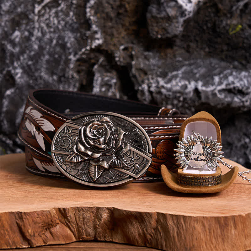 Silver DIY Rose Hidden Knife Belt Buckle Sunflower Necklace Bundle Set - Silver & Silver - Brown Feather Belt - 40 - image 0