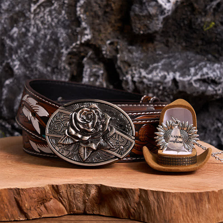 Silver DIY Rose Hidden Knife Belt Buckle Sunflower Necklace Bundle Set - Silver & Silver - Brown Feather Belt - 40 - image 0