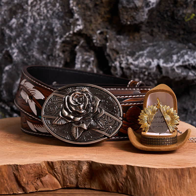 Silver DIY Rose Hidden Knife Belt Buckle Sunflower Necklace Bundle Set - Silver & Gold - Brown Feather Belt - 40 - image 23