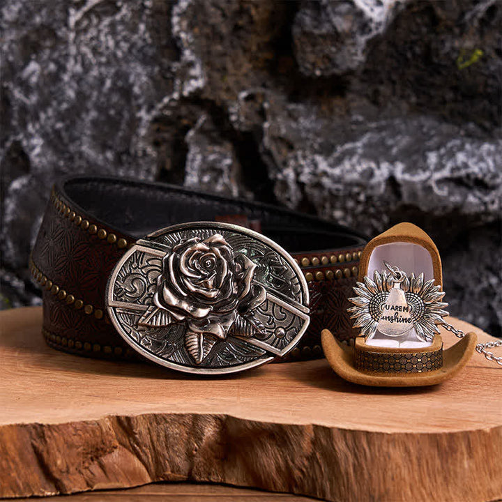 Silver DIY Rose Hidden Knife Belt Buckle Sunflower Necklace Bundle Set - Silver & Silver - Brown Rivet Belt - 42 - image 9