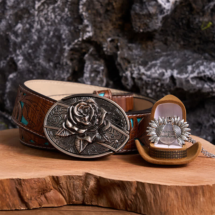 Silver DIY Rose Hidden Knife Belt Buckle Sunflower Necklace Bundle Set - Silver & Silver - Turquoise Carved Belt - 42 - image 8