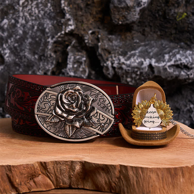 Silver DIY Rose Hidden Knife Belt Buckle Sunflower Necklace Bundle Set - Silver & Gold - Brown Carved Belt - 42 - image 22