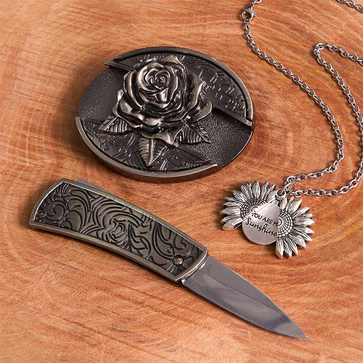 Silver DIY Rose Hidden Knife Belt Buckle Sunflower Necklace Bundle Set