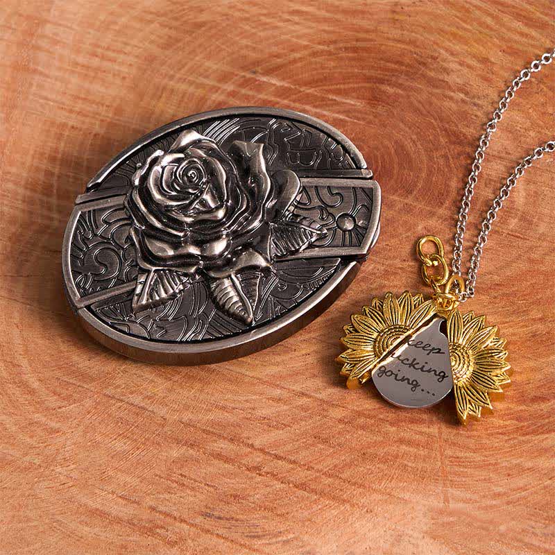 Silver DIY Rose Hidden Knife Belt Buckle Sunflower Necklace Bundle Set - Silver & Gold - Without Belt - Not Include Belt - image 12