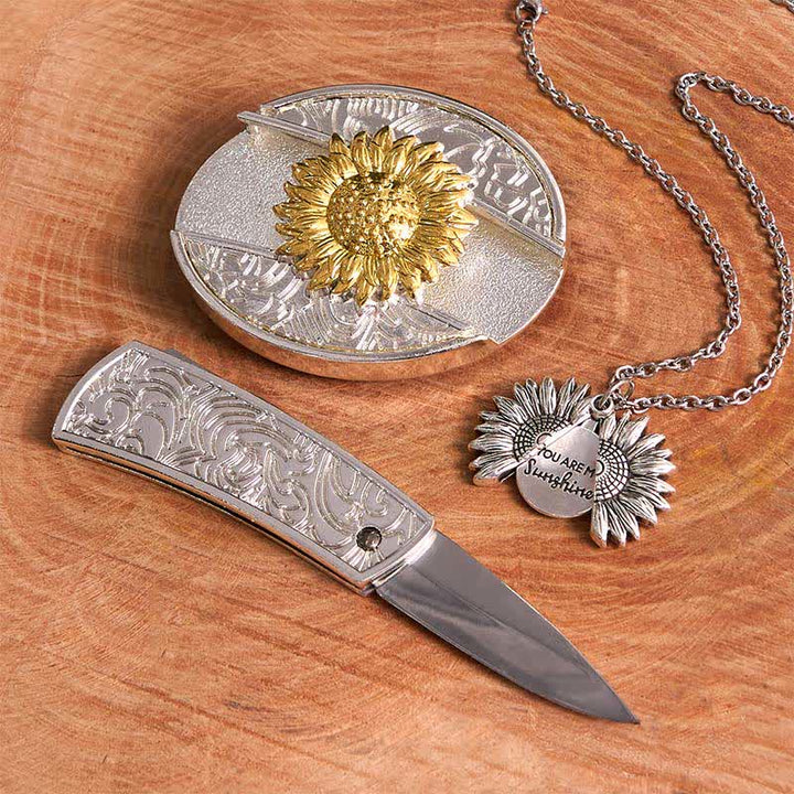 Gold & Silver DIY Sunflower Theme Hidden Knife Belt Buckle Necklace Bundle Set - image 13