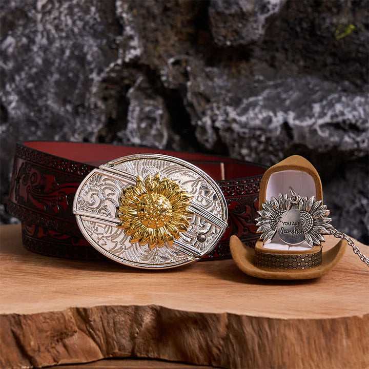 Gold & Silver DIY Sunflower Theme Hidden Knife Belt Buckle Necklace Bundle Set - Gold & Silver - Brown Carved Belt - 42 - image 22