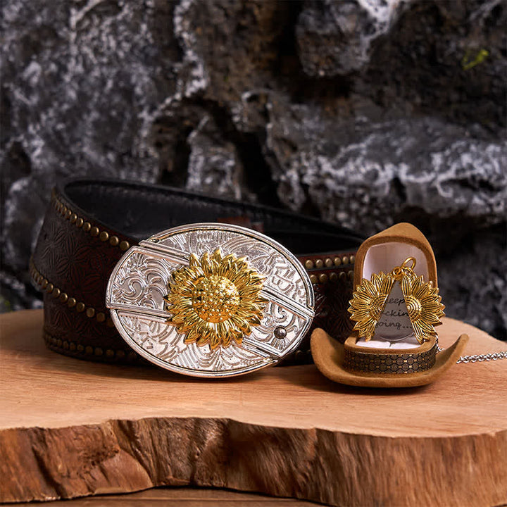 Gold & Silver DIY Sunflower Theme Hidden Knife Belt Buckle Necklace Bundle Set - Gold & Gold - Brown Rivet Belt - 42 - image 6