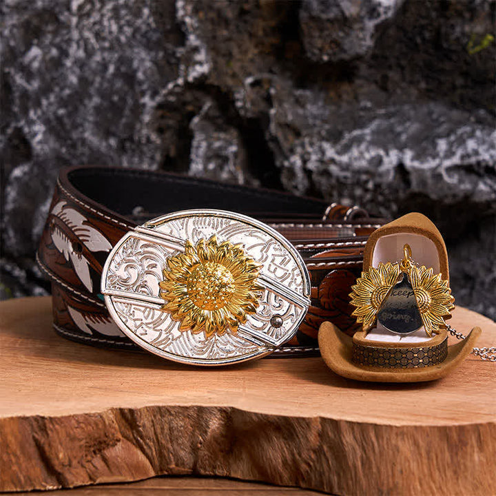 Gold & Silver DIY Sunflower Theme Hidden Knife Belt Buckle Necklace Bundle Set - Gold & Gold - Brown Feather Belt - 40 - image 0
