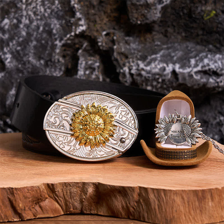 Gold & Silver DIY Sunflower Theme Hidden Knife Belt Buckle Necklace Bundle Set - Gold & Silver - Black Embossed Eagle Belt - 42 - image 18