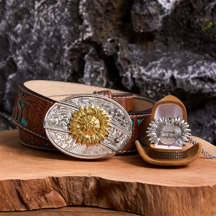 Gold & Silver DIY Sunflower Theme Hidden Knife Belt Buckle Necklace Bundle Set - Gold & Silver - Turquoise Carved Belt - 42 - image 19