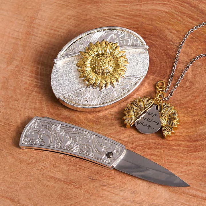 Gold & Silver DIY Sunflower Theme Hidden Knife Belt Buckle Necklace Bundle Set