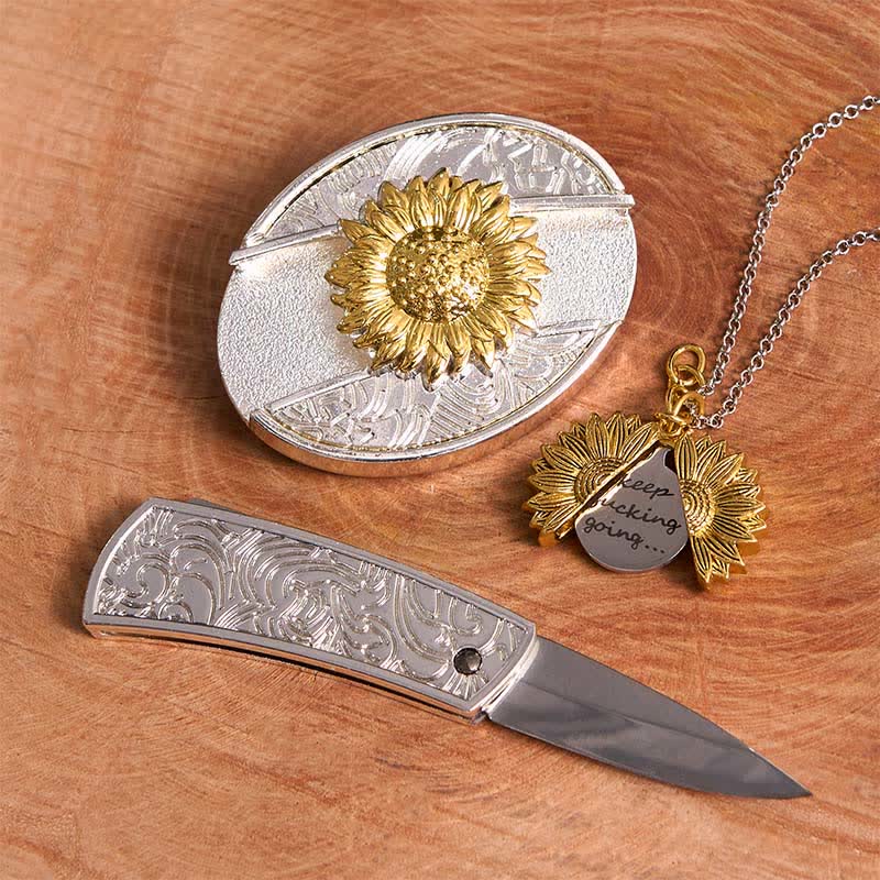 Gold & Silver DIY Sunflower Theme Hidden Knife Belt Buckle Necklace Bundle Set - image 2