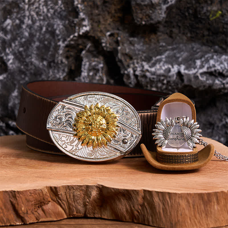 Gold & Silver DIY Sunflower Theme Hidden Knife Belt Buckle Necklace Bundle Set - Gold & Silver - Brown Distressed Belt - 42 - image 21
