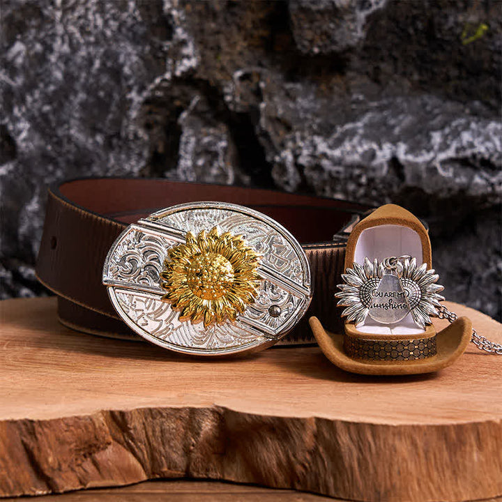 Gold & Silver DIY Sunflower Theme Hidden Knife Belt Buckle Necklace Bundle Set - Gold & Silver - Brown Distressed Belt - 42 - image 21