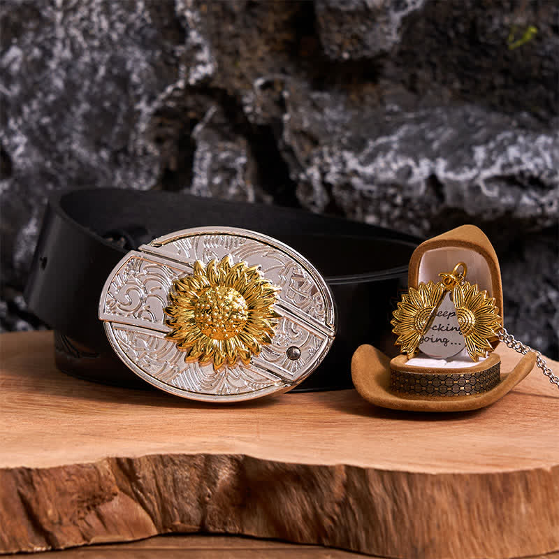 Gold & Silver DIY Sunflower Theme Hidden Knife Belt Buckle Necklace Bundle Set - Gold & Gold - Black Embossed Eagle Belt - 42 - image 4