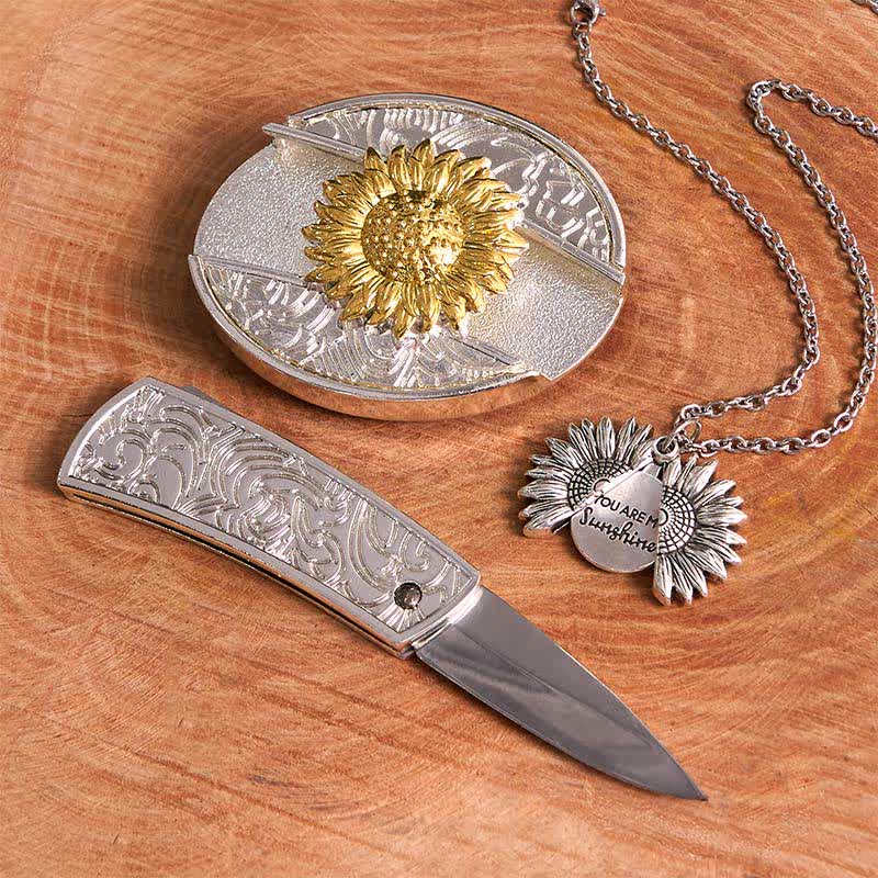 Gold & Silver DIY Sunflower Theme Hidden Knife Belt Buckle Necklace Bundle Set - image 13