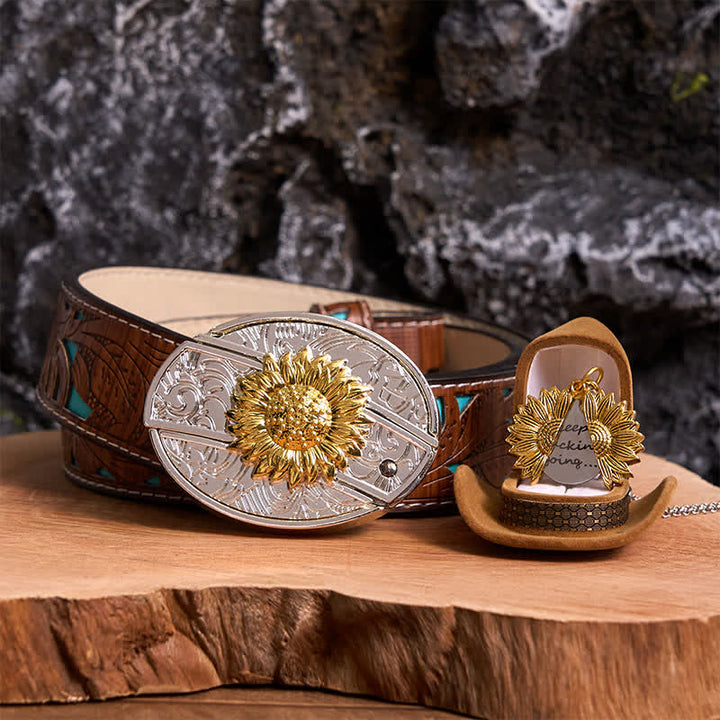 Gold & Silver DIY Sunflower Theme Hidden Knife Belt Buckle Necklace Bundle Set - Gold & Gold - Turquoise Carved Belt - 42 - image 5